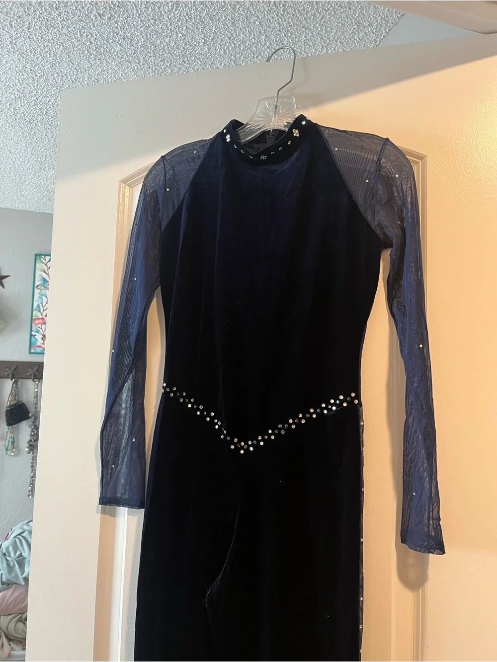 Custom Made Navy Velvet Jazz Dance Unitard with Sheer Sleeves and Crystals